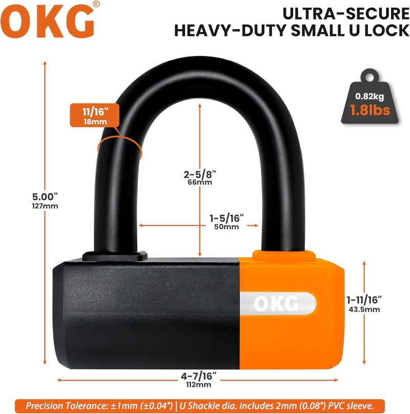 OKG Heavy Duty Small U Lock – 18mm Anti-Cut Manganese Alloy Steel U-Shackle | Dual-Deadbolt Anti Theft Motorcycle Lock for eBike/ATV/Trailer | Drill-Proof & Weatherproof (4 Keys, No Security Chain) - Image 2